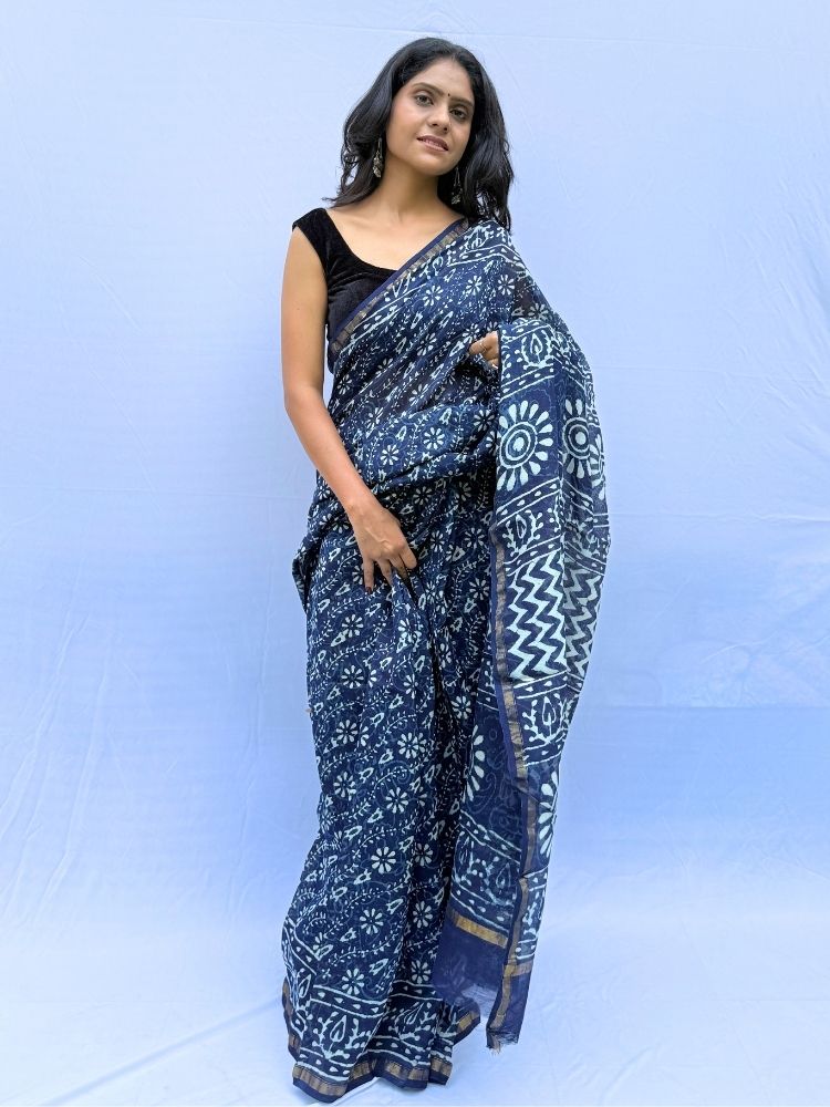 Azure Bloom – Blue Chanderi Silk Cotton Saree with Floral Block Print